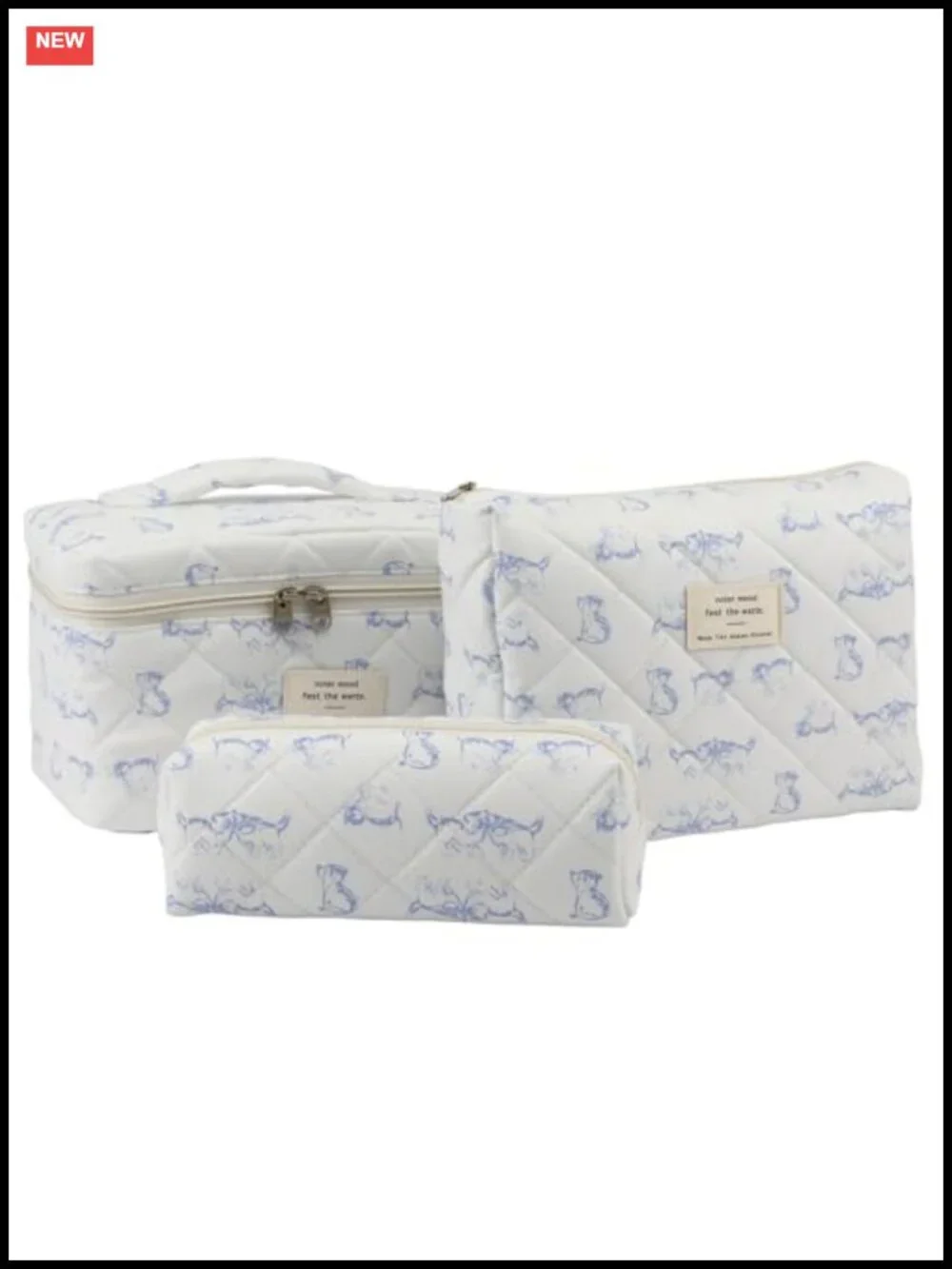 Quilted Cotton Makeup Bag Set of 3, Travel Cosmetic Bag with Floral Coquette